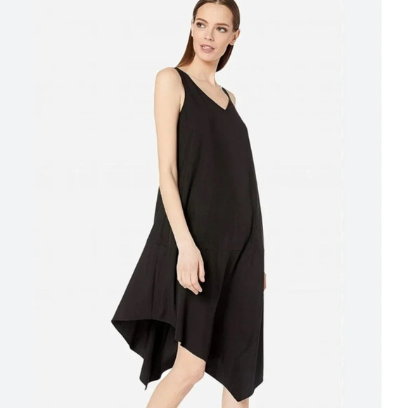 Eileen Fisher Sandwashed Tencel  Asymmetrical Layering Dress in Black - Picture 1 of 12